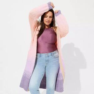 EUC 2X Coatigan Balloon Sleeve Sweater Pink Purple Knit Cardigan Plus Size